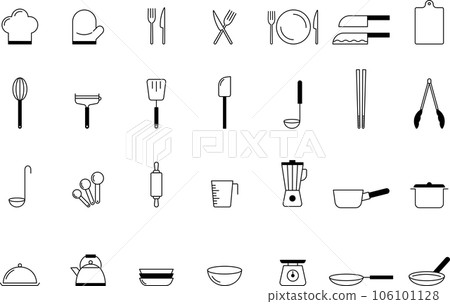 Black and white cooking utensil icon set (filled) 106101128