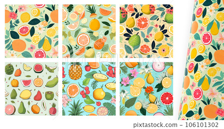 Colorful Tropical Fruits Seamless Patterns Set 106101302