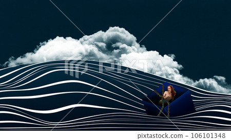 Ocean of sadness. Tender redhead girl in chains swimming in water. Obsessive thoughts. Contemporary art collage. Ocean of sadness. Tender redhead girl in chains swimming in water. Obsessive thoughts. Contemporary art collage. 106101348