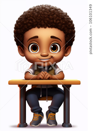 Cartoon Boy is Sitting at a School Desk 106101349