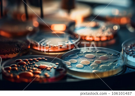 Science background with petri dish and pipette containing blue liquid is AI Generative. 106101487