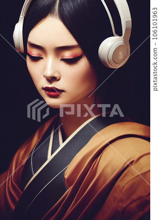 A fictional person, not based on a real person. A portrait of a creative beauty wearing fancy headphones. A lover of fashionable music. 3d rendering A fictional person, not based on a real person. A portrait of a creative beauty wearing fancy headphones. A lover of fashionable music. 3d rendering 106101963