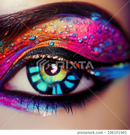 Fantasy eye with beautiful makeup close-up. The fantasy eye of a fashionable woman with bright colors. 3D rendering. Fantasy eye with beautiful makeup close-up. The fantasy eye of a fashionable woman with bright colors. 3D rendering. 106101965