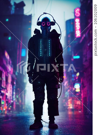 Portrait of a man wearing a cyberpunk headset, neon virtual glasses, and cyberpunk gear. A high-tech futuristic man from the future. The concept of virtual reality and cyberpunk. 3D rendering. Portrait of a man wearing a cyberpunk headset, neon virtual glasses, and cyberpunk gear. A high-tech futuristic man from the future. The concept of virtual reality and cyberpunk. 3D rendering. 106102009