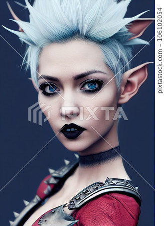 A fictional person, not based on a real person. Female elf warrior with green hair. Long green hair, sharp elven ears, beautiful eyes. 3D render. 106102054