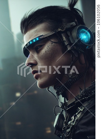 A realistic portrait of a man wearing a cyberpunk headset and cyberpunk gear. High-tech futuristic man from the future. The concept of virtual reality and cyberpunk. 3D render A realistic portrait of a man wearing a cyberpunk headset and cyberpunk gear. High-tech futuristic man from the future. The concept of virtual reality and cyberpunk. 3D render 106102056