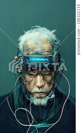 Portrait of a grandfather in a futuristic cyberpunk style with a cyber headset. A high-tech man from the future. The concept of virtual reality and cyberpunk. Portrait of a grandfather in a futuristic cyberpunk style with a cyber headset. A high-tech man from the future. The concept of virtual reality and cyberpunk. 106102119