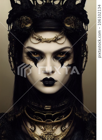 Mystical beautiful fictional woman with beautiful face. Gothic mystery girl. 3D rendering Mystical beautiful fictional woman with beautiful face. Gothic mystery girl. 3D rendering 106102134
