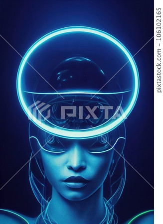 Creepy alien invader against a background of blurry lights. The concept of an alien from an alien planet. 3D render 106102165