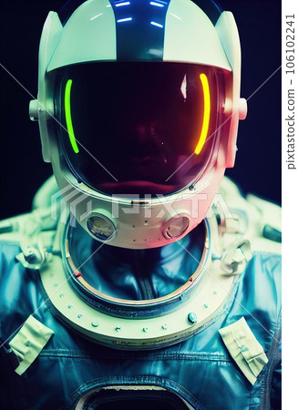 Portrait of an fictional astronaut in neon light in a spacesuit. High-tech astronaut from the future. The concept of space travel. 3D rendering 106102241