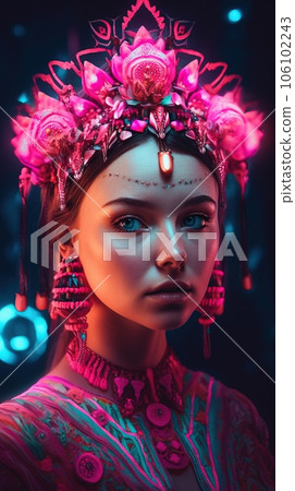 Portrait of a mystical fantasy bioluminescent neon woman. Glamorous fashionable lady. Generative AI Art. Portrait of a mystical fantasy bioluminescent neon woman. Glamorous fashionable lady. Generative AI Art. 106102243