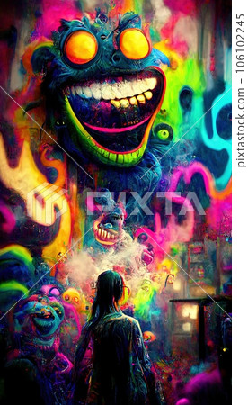 Abstract magical funny cartoon monster. Lots of colored paint, ink, funny monster and rainbow colors. Colorful wonderful surrealism of dreams. The concept of dreams and illusions. 106102245