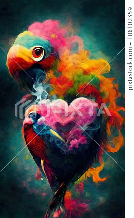 Abstract surrealistic animal in love. Lots of colorful flowers, pink hearts, rainbows and multicolored smoke. Colorful wonderful dream abstraction. 106102359