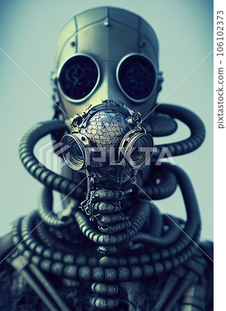A stalker survivor in protective clothing and an old gas mask. Survivor of nuclear war. 3D render A stalker survivor in protective clothing and an old gas mask. Survivor of nuclear war. 3D render 106102373
