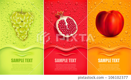 Drinks and juice background with drops and grape, pomegranate, peach 106102377