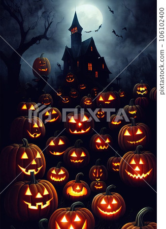 A dramatic, mystical Halloween backdrop. A full moon shines in the sky, a flock of bats flies in the dark sky. Near the castle lie pumpkins with candles. 3D render A dramatic, mystical Halloween backdrop. A full moon shines in the sky, a flock of bats flies in the dark sky. Near the castle lie pumpkins with candles. 3D render 106102400