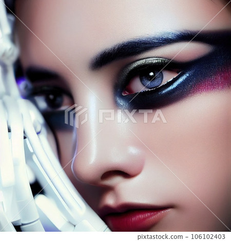 A fictional person, not based on a real person. Portrait of a futuristic robot. An artistic abstract cyberpunk fantasy. Concept of a modern robot. 3d rendering A fictional person, not based on a real person. Portrait of a futuristic robot. An artistic abstract cyberpunk fantasy. Concept of a modern robot. 3d rendering 106102403