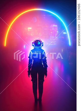 Portrait of an fictional astronaut in neon light in a spacesuit. High-tech astronaut from the future. The concept of space travel. 3D rendering Portrait of an fictional astronaut in neon light in a spacesuit. High-tech astronaut from the future. The concept of space travel. 3D rendering 106102406