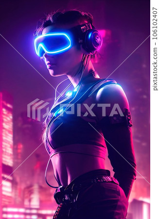 A fictional person, not based on a real person. Portrait of a sci-fi cyberpunk girl. High-tech futuristic woman from the future. The concept of virtual reality and cyberpunk. 3D render. 106102407
