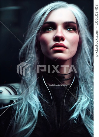 A fictional person, not based on a real person. Portrait of a sci-fi cyberpunk warrior. High-tech futuristic woman from the future. The concept of virtual reality and cyberpunk. 3D render. A fictional person, not based on a real person. Portrait of a sci-fi cyberpunk warrior. High-tech futuristic woman from the future. The concept of virtual reality and cyberpunk. 3D render. 106102408
