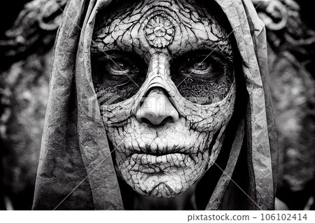 A fictional person, not based on a real person. Mystical creepy man with frightening makeup. Gothic mystery man. 3D rendering A fictional person, not based on a real person. Mystical creepy man with frightening makeup. Gothic mystery man. 3D rendering 106102414