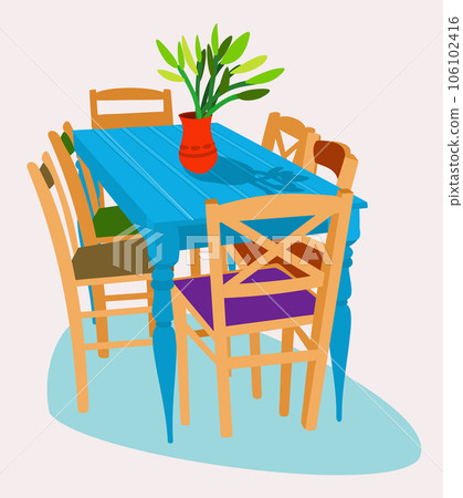 Table with flowers in vase on it and chairs near. Bright vector illustration. Cozy home. Furniture. Table with flowers in vase on it and chairs near. Bright vector illustration. Cozy home. Furniture. 106102416