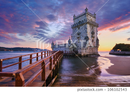 Belem Tower or Tower of St Vincent - famous tourist landmark of Lisboa and tourism attraction - on the bank of the Tagus River (Tejo) in evening dusk after sunset with dramatic sky. Lisbon, Portugal Belem Tower or Tower of St Vincent - famous tourist landmark of Lisboa and tourism attraction - on the bank of the Tagus River (Tejo) in evening dusk after sunset with dramatic sky. Lisbon, Portugal 106102543