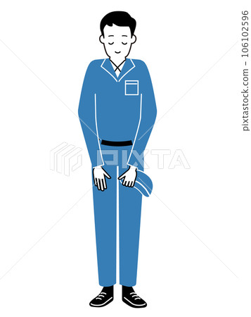 A man in work clothes (plumber, gas construction, construction site, etc.) bowing his head and apologizing A man in work clothes (plumber, gas construction, construction site, etc.) bowing his head and apologizing 106102596