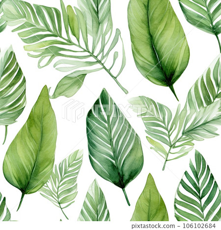 Seamless pattern of watercolor tropical leaves on white background 106102684