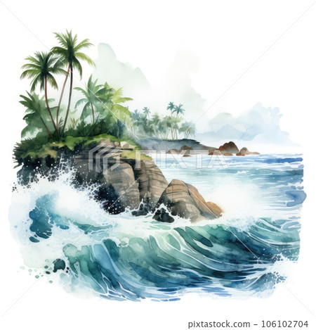 Watercolor palms on the rock beach with ocean waves on white background. 106102704