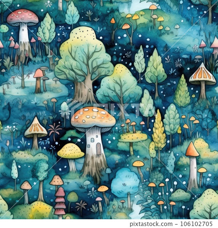 seamless pattern of watercolor fantasy trees and mushrooms. 106102705