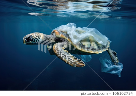 turtle in a piece of cellophane bag swims in the ocean. turtle in a piece of cellophane bag swims in the ocean. 106102754