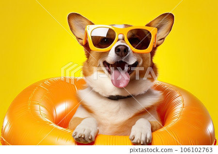 corgi dog wearing sunglasses with inflatable beach pool swim ring on yellow background 106102763