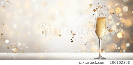 Light banner of festive glass of champagne on bokeh background 106102808