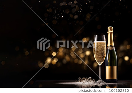 Dark festive glass of champagne and bottle on bokeh background Dark festive glass of champagne and bottle on bokeh background 106102810