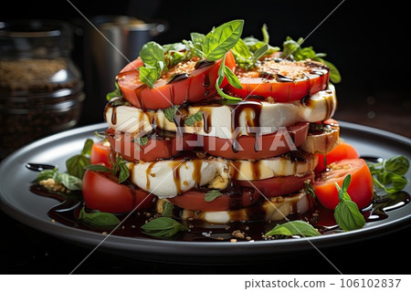 Delicious caprese salad with ripe tomatoes mozzarella cheese and fresh basil leaves. 106102837