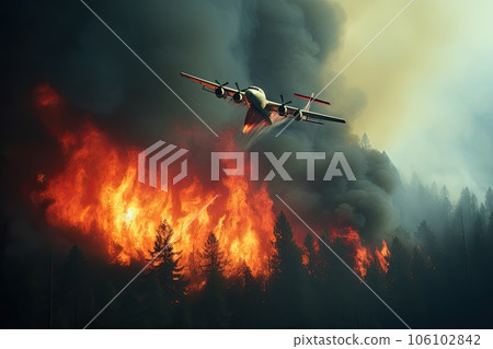 Airplane firefighting of forest wildfire. Dangerous Ecological Emergency. Airplane firefighting of forest wildfire. Dangerous Ecological Emergency. 106102842