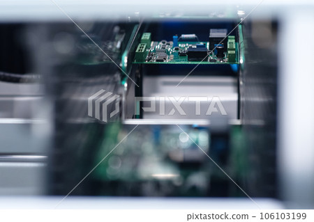 stage of printed circuit board production on the conveyor of automatic production line 106103199