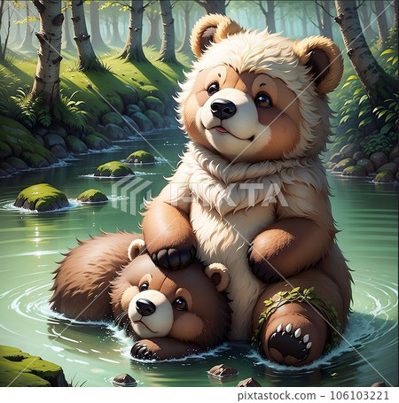 AI-generated fantasy illustration of parent and child bears playing at the waterside 106103221