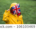 Baby face covered with the British flag. Education and school lessons for children. An English style. 106103469