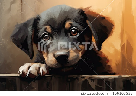 Homeless puppy hiding from the rain watercolor illustration - Generative AI. 106103533
