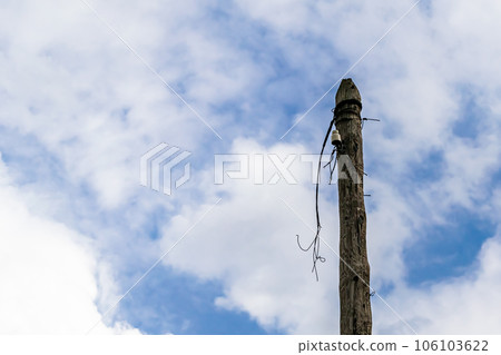 Power electric pole with line wire on colored background close up 106103622