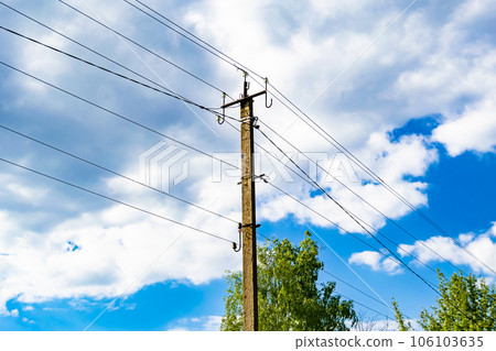 Power electric pole with line wire on colored background close up Power electric pole with line wire on colored background close up 106103635