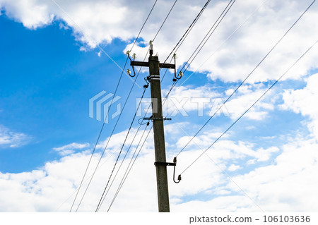 Power electric pole with line wire on colored background close up Power electric pole with line wire on colored background close up 106103636