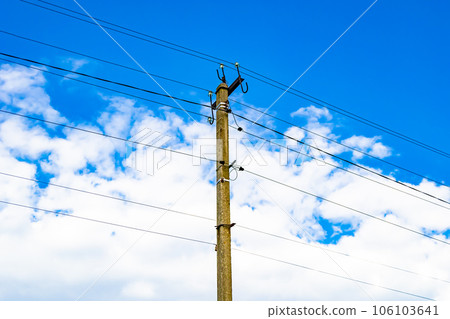Power electric pole with line wire on colored background close up 106103641