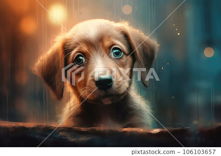 Homeless puppy photo realistic illustration - Generative AI. 106103657
