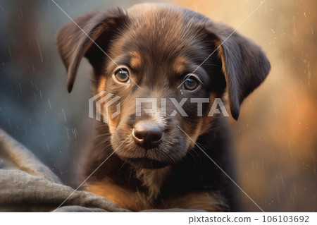 Homeless puppy photo realistic illustration - Generative AI. 106103692
