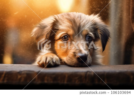 Homeless puppy photo realistic illustration - Generative AI. 106103694