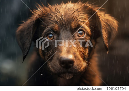 Homeless puppy photo realistic illustration - Generative AI. Homeless puppy photo realistic illustration - Generative AI. 106103704