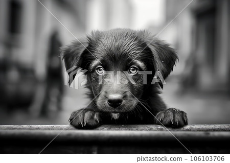 Homeless puppy photo realistic illustration - Generative AI. 106103706